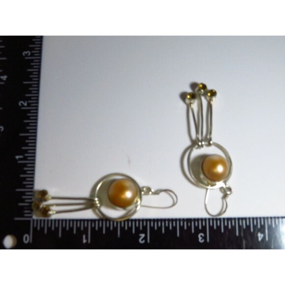 Modernist Pearl Dangling Earring Set Colored Glass Stones Sterling Silver - Picture 7 of 8